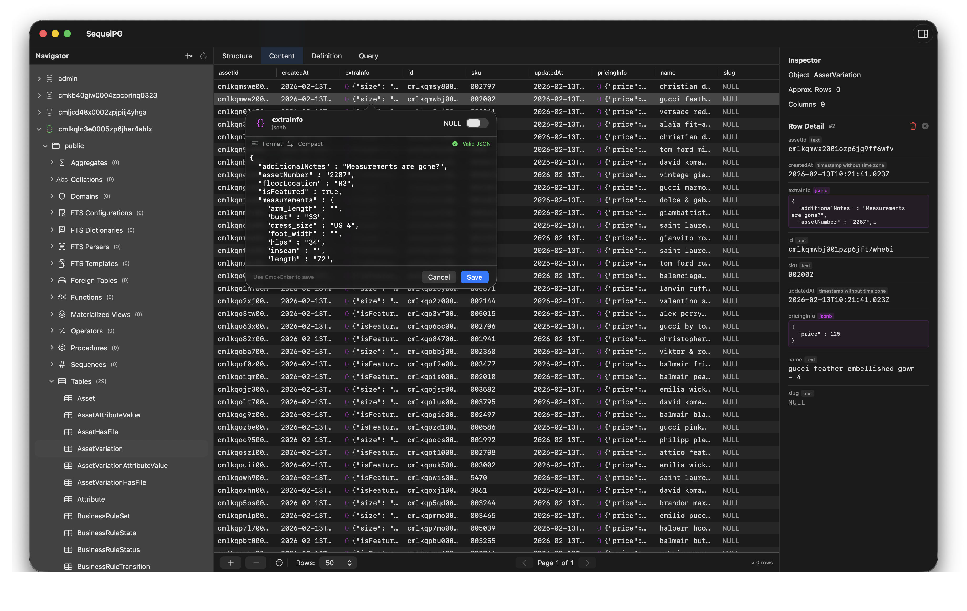 SequelPG content view with single-click inline cell editing and auto-save on macOS