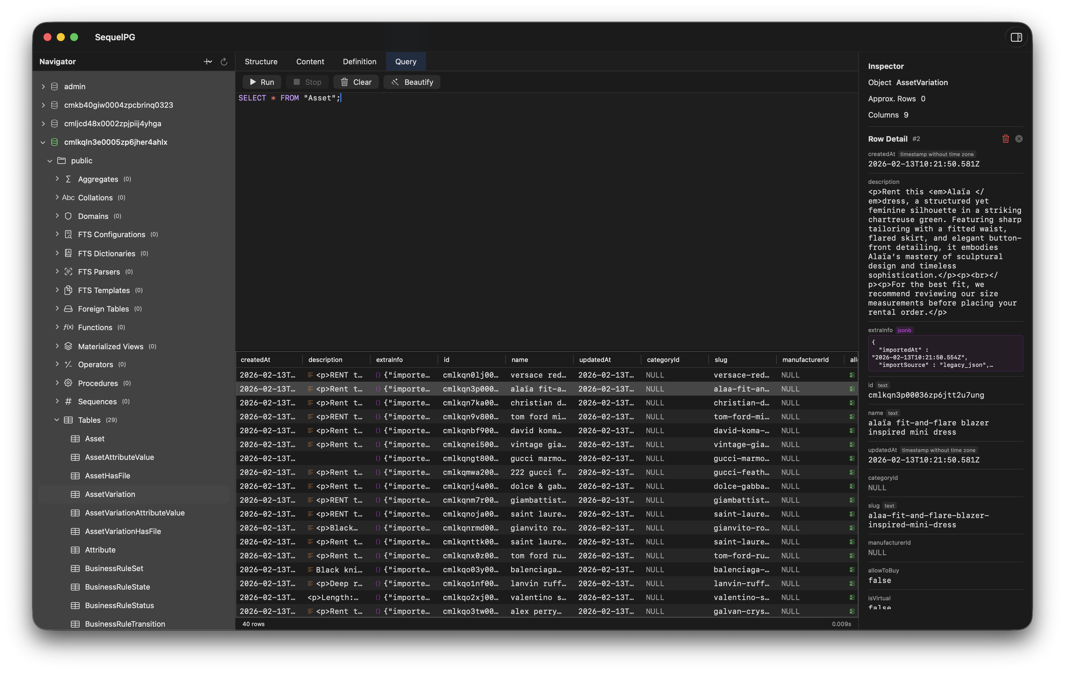 SequelPG SQL query editor with syntax highlighting, autocompletion, and query results on macOS