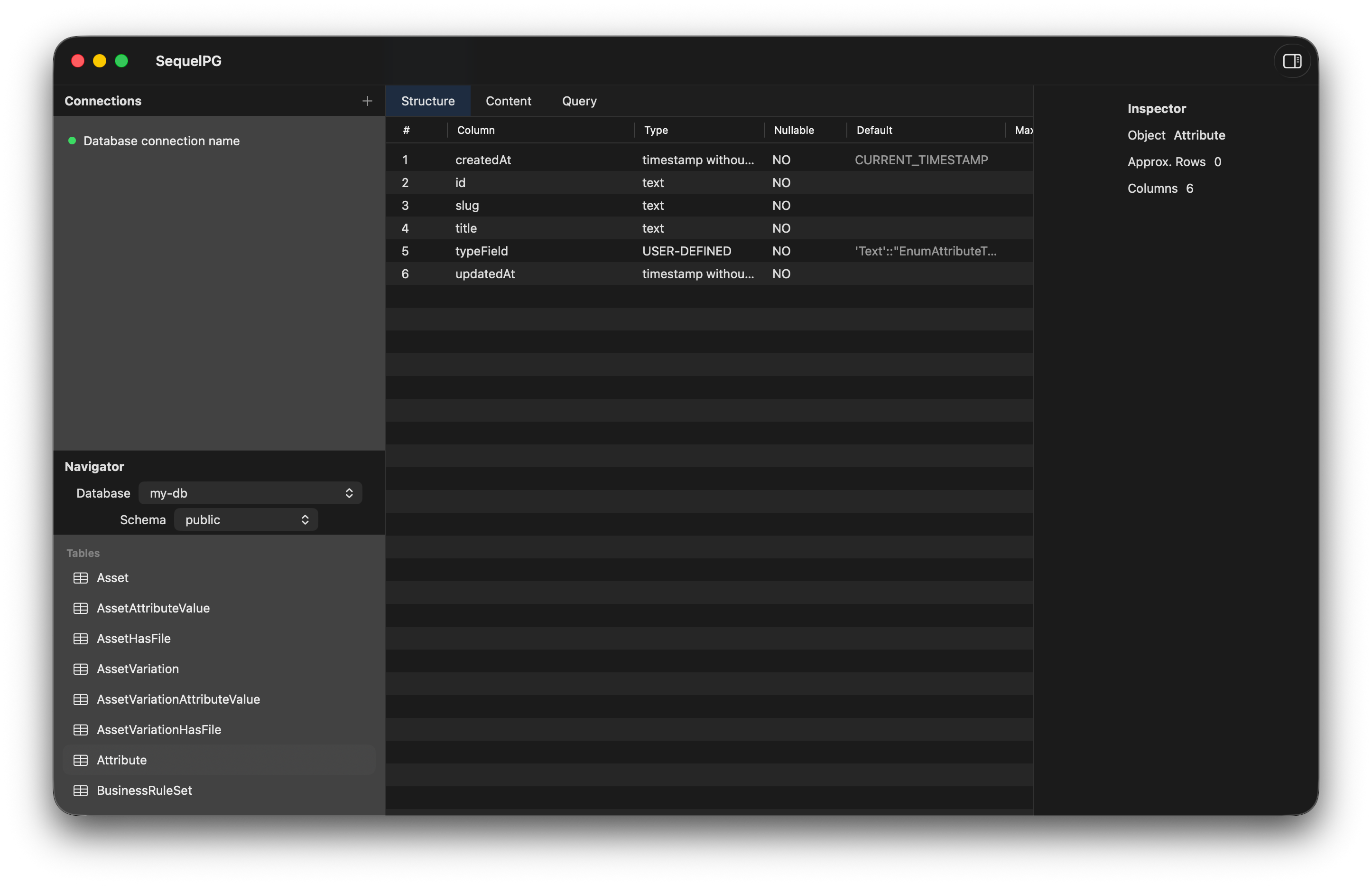 SequelPG structure view showing PostgreSQL table columns, types, and metadata on macOS